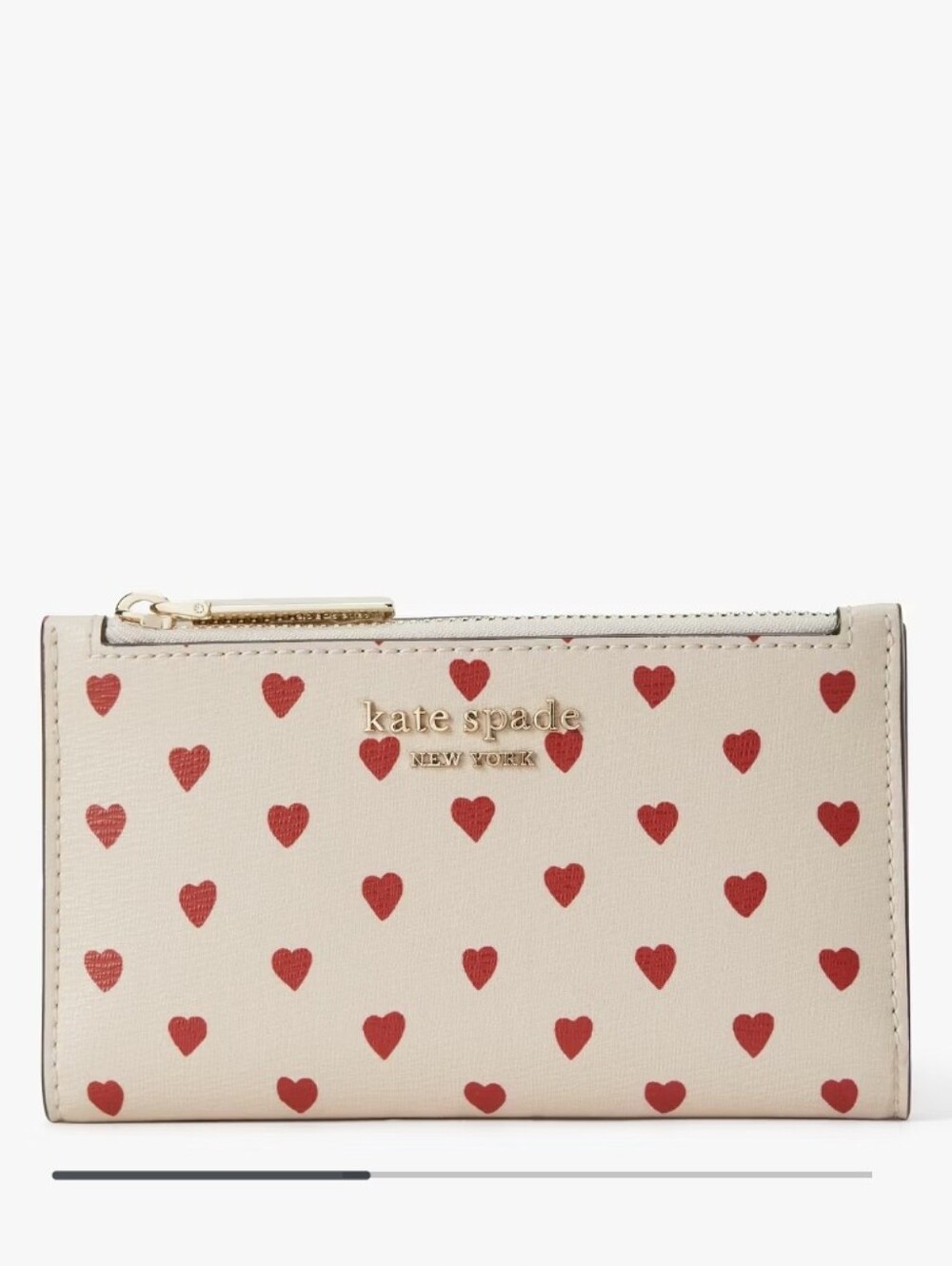 Kate Spade Spencer Hearts Small Slim Bifold Wallet in Cream with Red Hearts